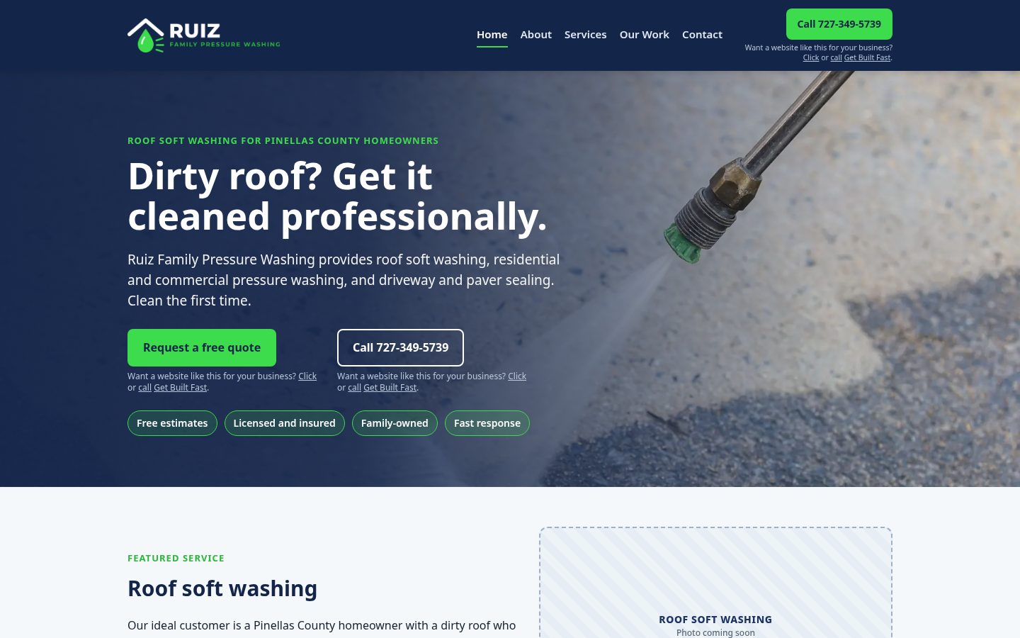 Desktop screenshot of the Ruiz Family Pressure Washing demo homepage at ruizpressurewashing.com