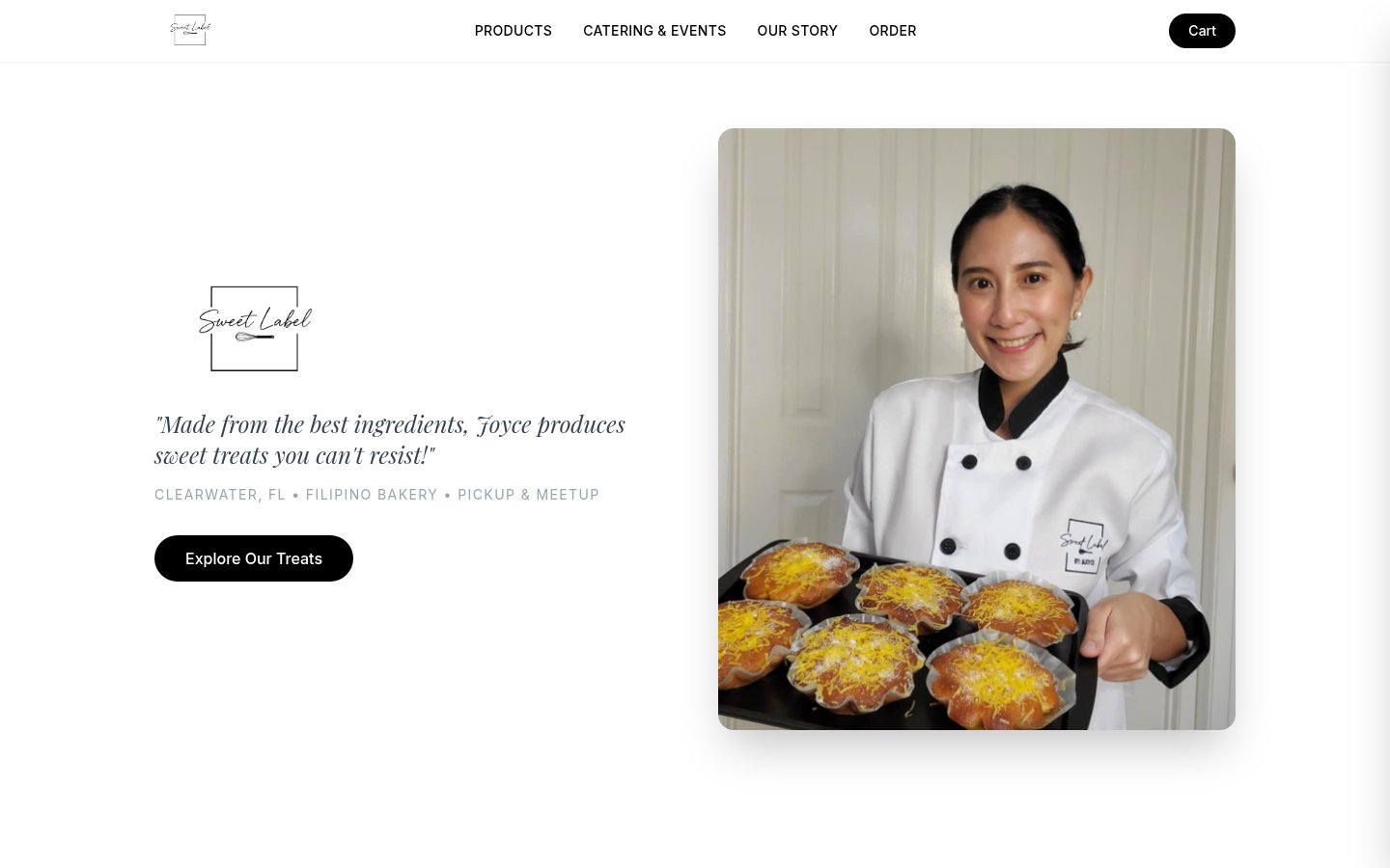 Desktop screenshot of the Sweet Label Bakery homepage at sweetlabelbakery.com